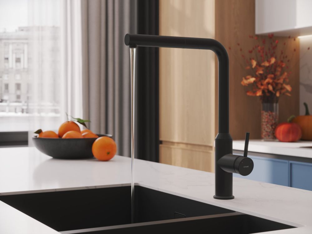 Смеситель для кухни Cersanit FLAVIS однорычажный с выдвижным изливом черный (68247), артикул 68247