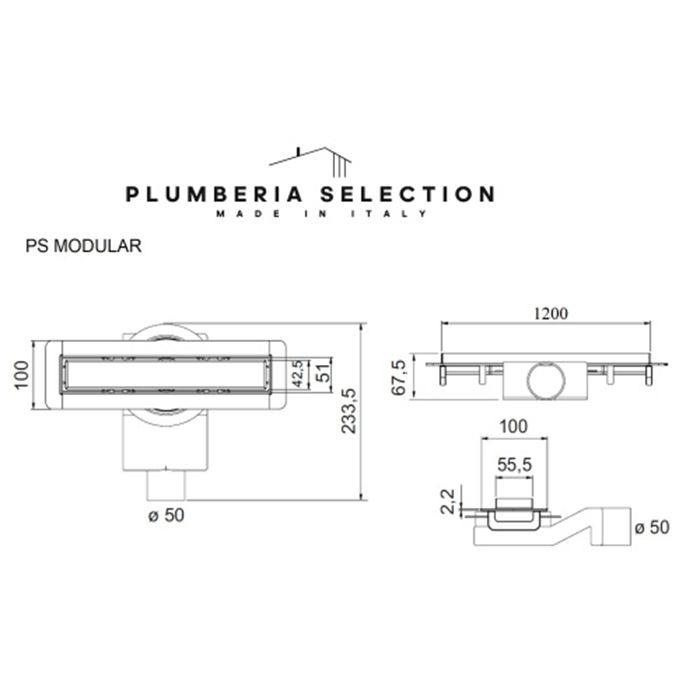 Plumberia Selection Трап душевой PS MODULAR 4x120 2устор. накладка из нерж.стали, комбинир.затвор с горизонт. Выпуском Ду 50мм,40л/мин, черн.матов.
