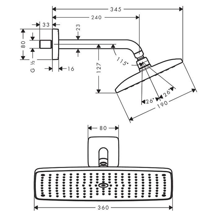 HG Raindance Е Верхний душ 1jet (RainAir), 360х190 мм, с настенным держателем 240 мм, G1/2, цвет: хром HG Raindance Е Верхний душ 1jet (RainAir), 360х190 мм, с настенным держателем 240 мм, G1/2, цвет: хром