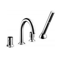 Смеситель для ванны и душа, Fantini, Nostromo, тип открывания воды-одновентильный, тип установки-на борт ванны, отверстия для монтажа-4, вынос излива, мм-195, цвет-хром, в комплекте-ручки, переключатель на 2 потока с кнопкой, ручная лейка SUN, гибкий шлан