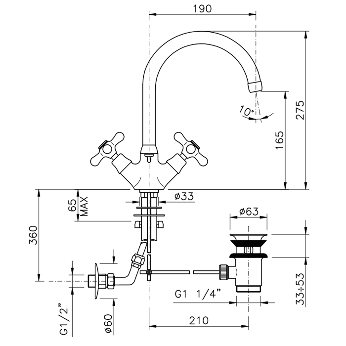 Nicolazzi Nuova Brenta Смеситель для раковины с 2мя ручками, поворотный излив: 190мм, с донным клапаном, цвет: хром