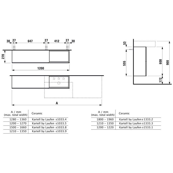 Laufen Kartell Тумба под раковину справа, 1200х270х610мм, с 1 дверцей и 2 створками, цвет: белый матовый, артикул 4.0829.2.033.640.1
