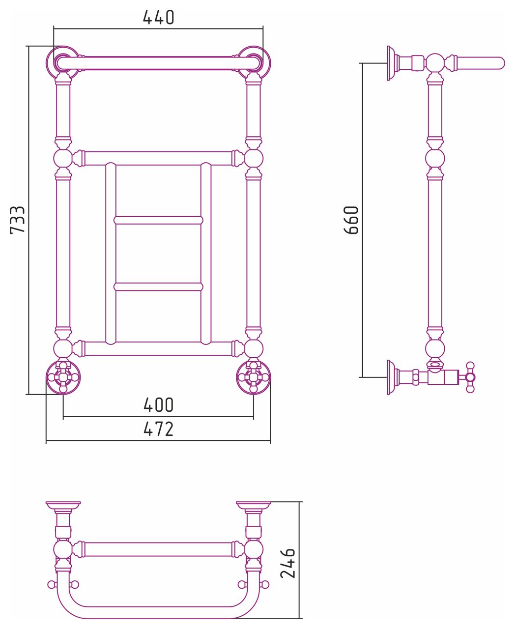 Полотенцесушитель, Сунержа, Ренессанс 1452, водяной, ширина, мм-400, глубина, мм-246, высота, мм-660, подключение-нижнее, мощность, Вт-206, материал-нержавеющая сталь, цвет-матовый чёрный