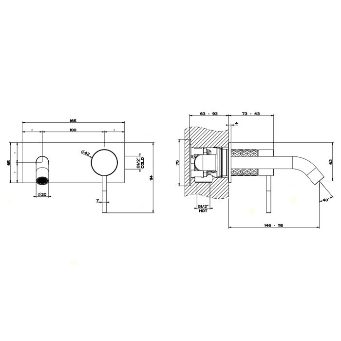 GESSI 316 Встраиваемый смеситель для раковины с изливом 146-116мм (внешняя часть), цвет: steel brushed