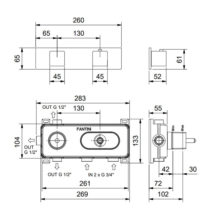 FANTINI MINT Смеситель для душа встраиваемый, термостатический, с переключателем на 3 положения, внешняя часть, цвет черный матовый