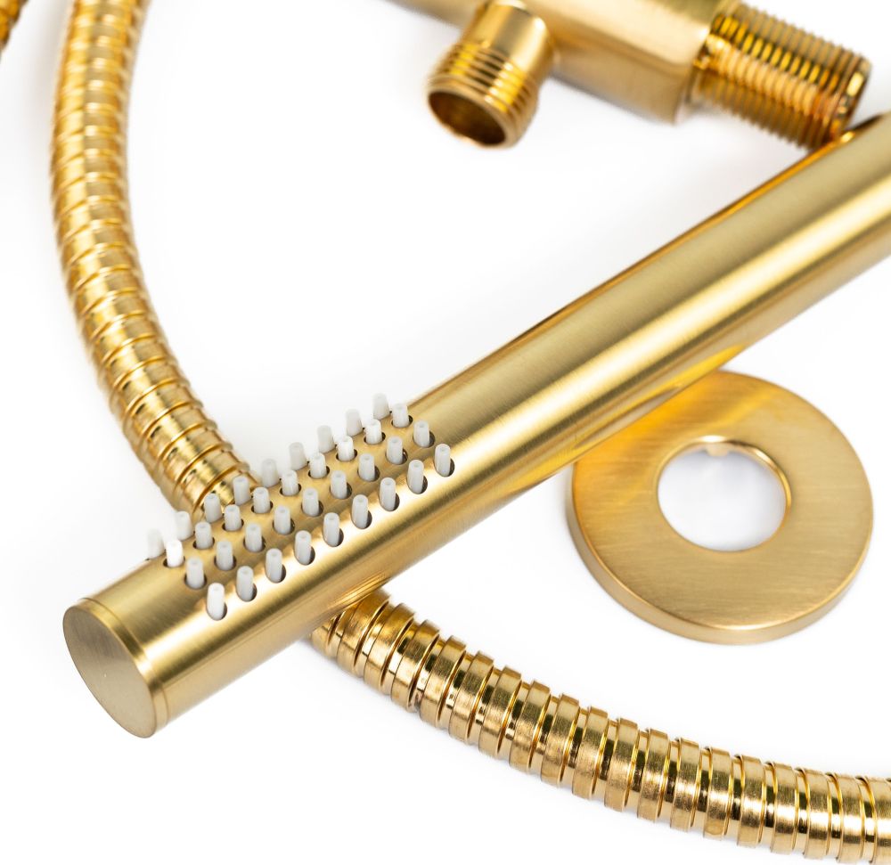 Emmevi, набор ручного душа 154: круглая лейка, шланг 150 см и держатель лейки с водоотводом (все детали из латуни), цвет брашированное золото, артикул 154OT/ORS