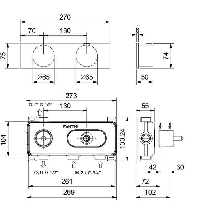 FANTINI AF/21 Смеситель настенный встраиваемый, термостатический, с переключателем на 2 положения, цвет Matt Gun Metal PVD