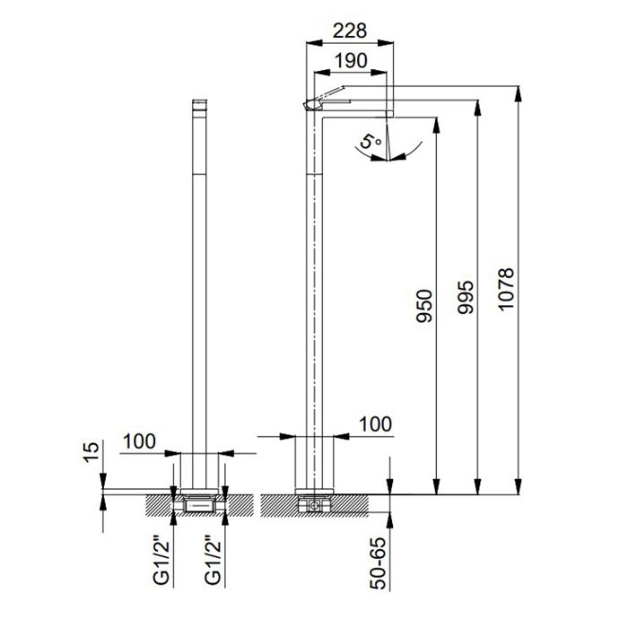 Fantini Mint Смеситель для раковины, напольный, без донного клапана, излив 190мм,(наружняя часть), цвет: хром