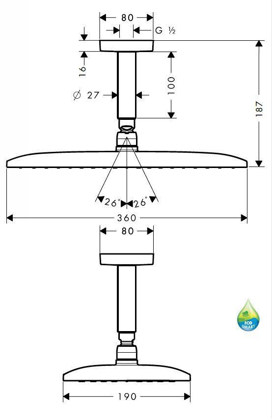 HG Raindance Е Верхний душ 1jet (RainAir), 360х190 мм, с потолочным держателем 100 мм, G1/2, цвет: хром HG Raindance Е Верхний душ 1jet (RainAir), 360х190 мм, с потолочным держателем 100 мм, G1/2, цвет: хром
