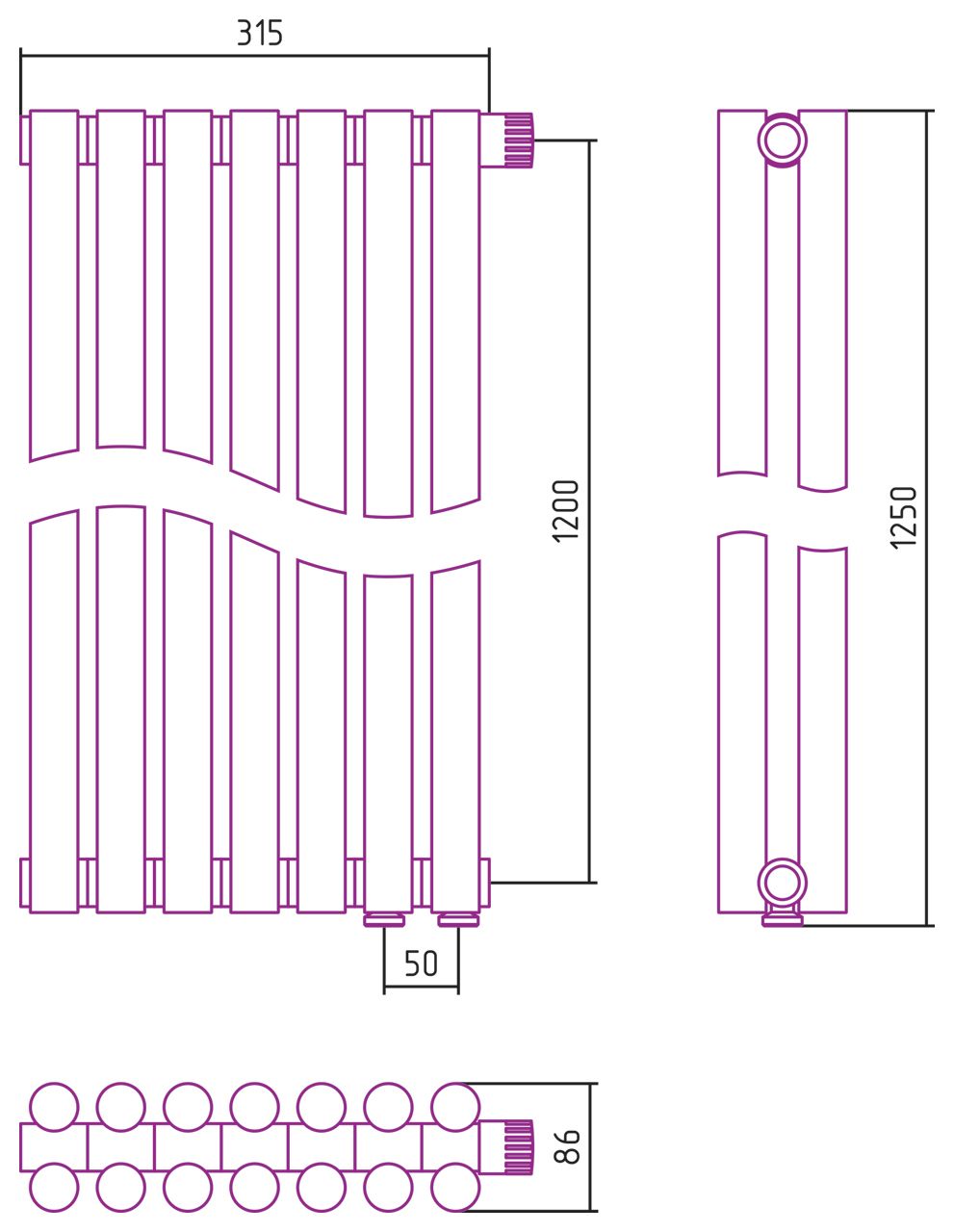 Отопительный радиатор ЭСТЕТ-11 н/ж EU50 1200х315 / 7 сек (Матовый ЧЁРНЫЙ)