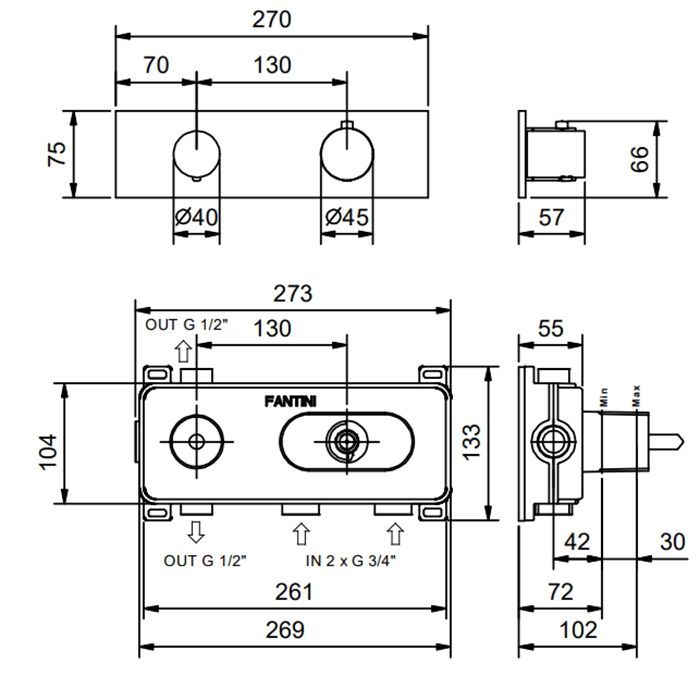 Fantini Nostromo Термостатический встраиваемый смеситель для душа на 2 потока , с поворотной ручкой, цвет: Золото плюс