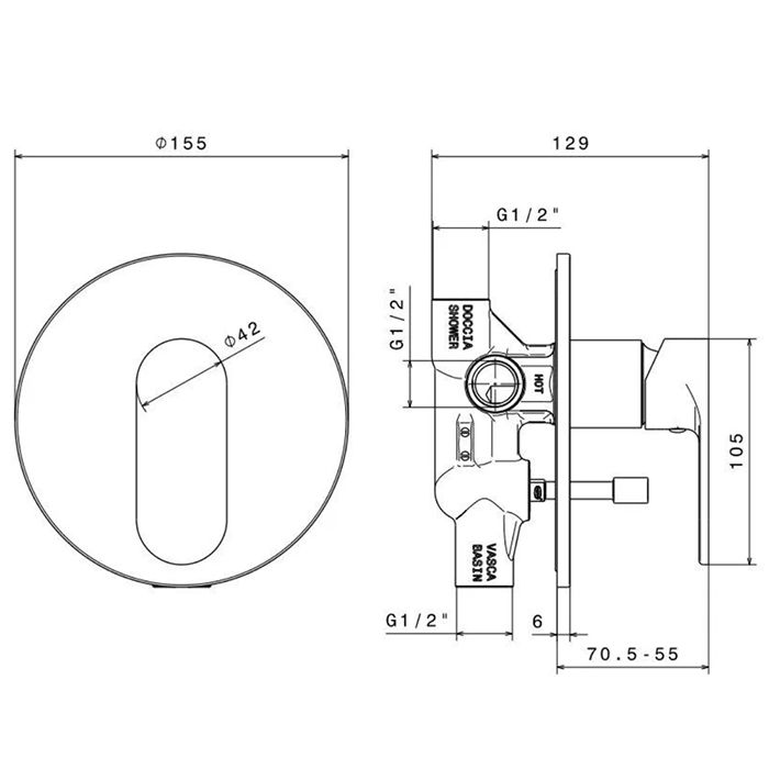 Встроенный однорычажный смеситель PIANO для душа с переключателем на два потока, внешняя и внутренняя части, хром глянец