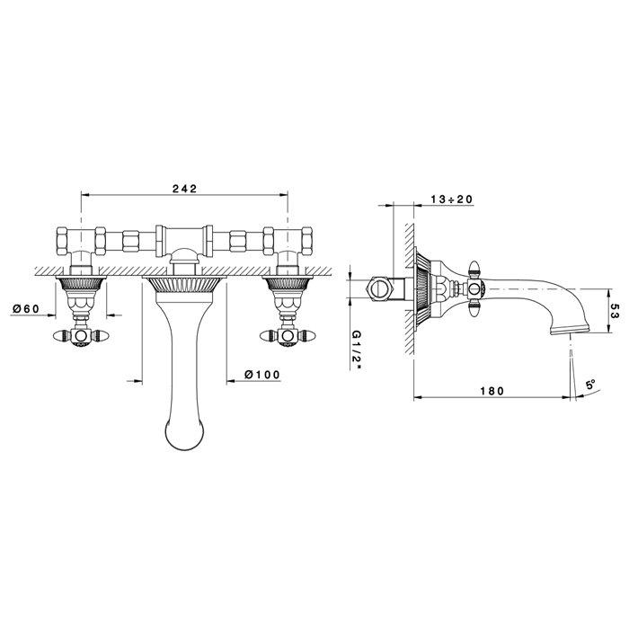 Nicolazzi Impero Смеситель для раковины настенный на 3 отверстия, излив: 180 мм, цвет: хром