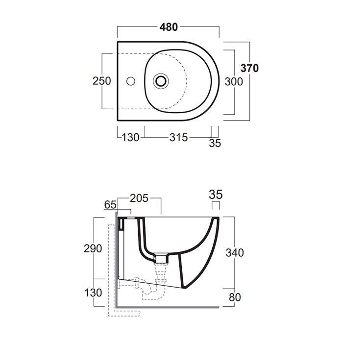SIMAS Vignoni Биде подвесное XS 37х48 см, с 1 отв. под смеситель, цвет: белый (без креплений F85)
