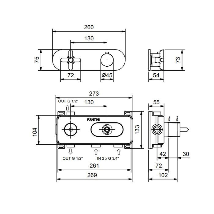 Fantini Icona Classic Встраиваемый термостат для душа на 2 источника, 3/4'', (наружняя часть), цвет: черный матовый
