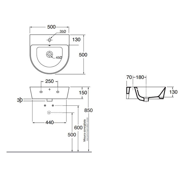 AZZURRA FORMA Раковина 500х500х160 мм., с 1 отверстием для смесителя, с переливом, цвет Antracite
