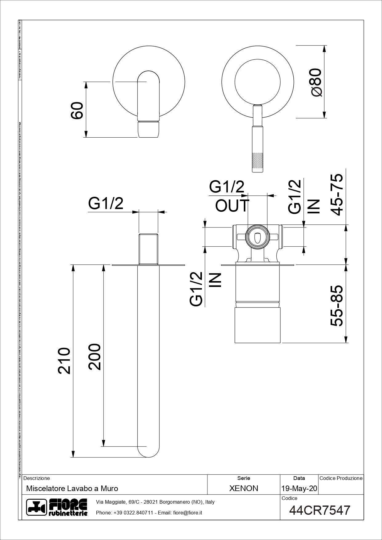 Fiore Xenon, встраиваемый в стену однорычажный смеситель для раковины, цвет матовое золото