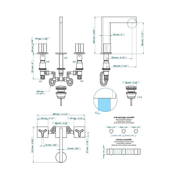 THG ICON-X TITANE Смеситель для раковины на 3 отверстия, с донным клапаном, цвет хром