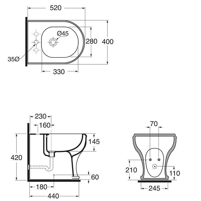 AZZURRA CHARME биде напольное 52х40см, с 1отв для смесителя, c креплением KIT 2000 CF, цвет белый