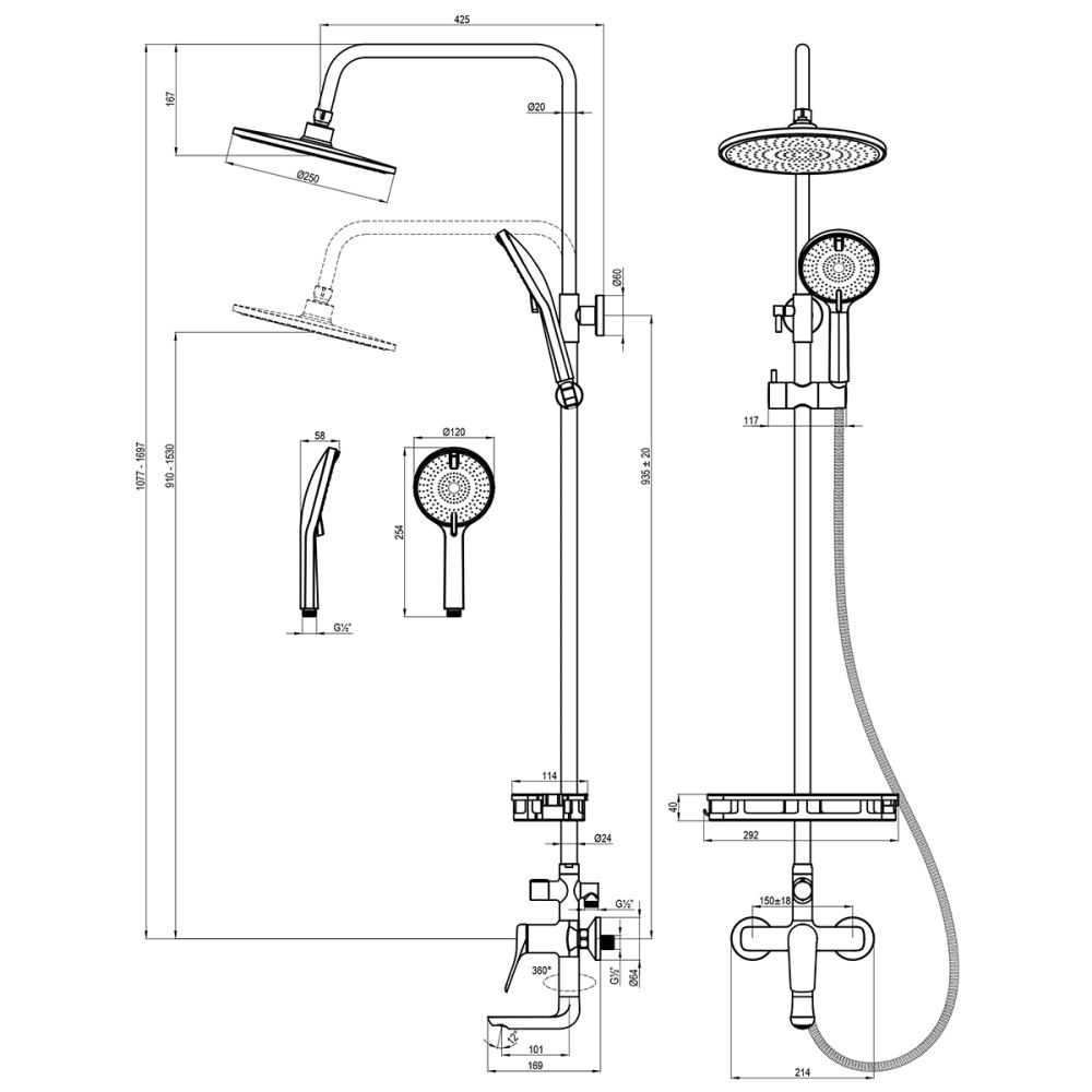 Смеситель Lemark Ortus для ванны и душа с регулируемой высотой штанги и верхней душевой лейкой "Тропический дождь" (LM11362C), артикул LM11362C