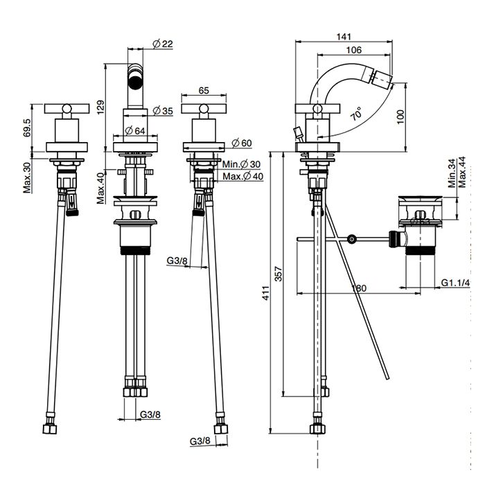 Fima Carlo Frattini Maxima Смеситель на биде, на 3 отв., с донным клапаном, цвет: хром