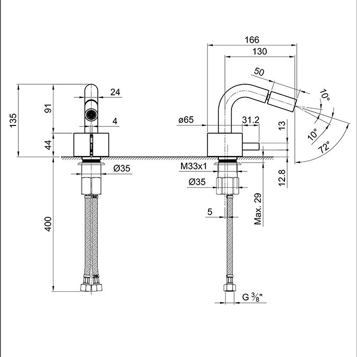 Fantini AF/21 Смеситель для биде, 1 отв., без донного клапана, излив 130мм, цвет: матовая натуральная сталь