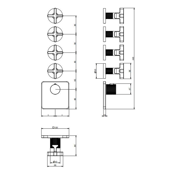 GESSI INCISO Встраиваемый термостатический смеситель на 4 источника, резьба 3/4" (внешние части), цвет: золото