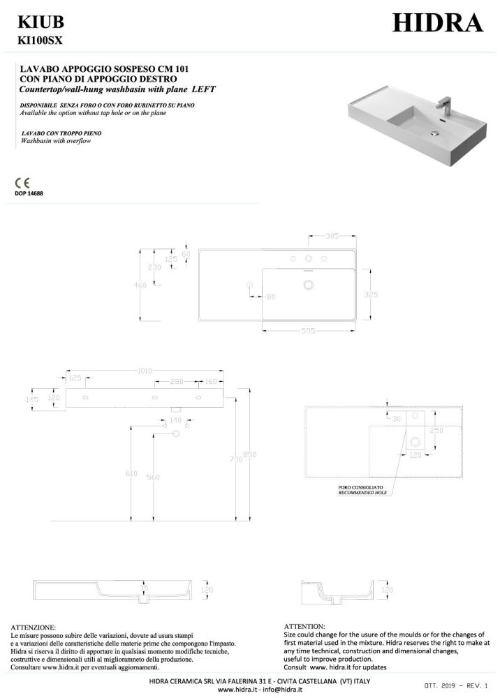 Hidra Kiub, накладная/подвесная прямоугольная раковина 101x46x12h см, чаша справа, цвет белый матовый, артикул KI100SX/006