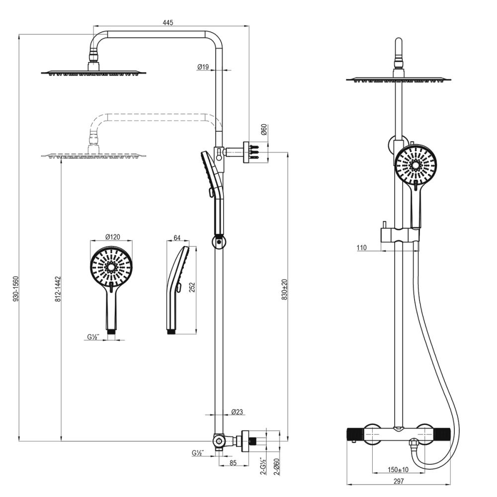 Смеситель Lemark Beluga для душа с регулируемой высотой штанги и лейкой верхнего душа «Тропический дождь», термостатический (LMF-8045B-GM), артикул LMF-8045B-GM