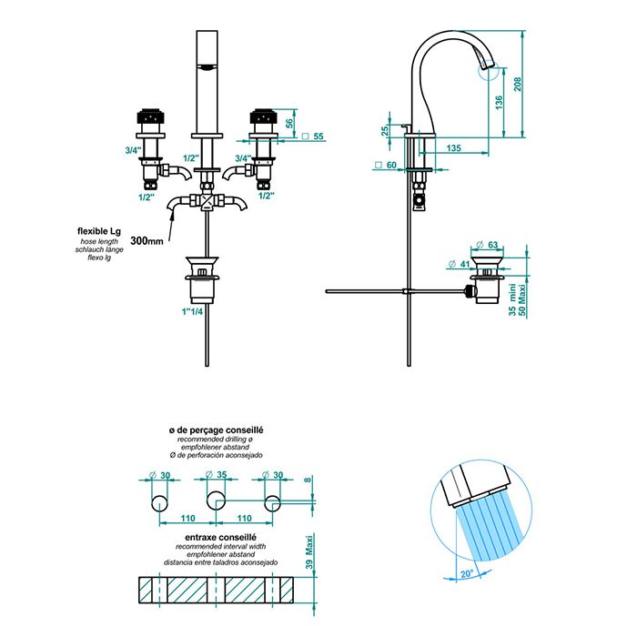 THG MASQUE DE FEMME METAL GRAVE Смеситель для раковины на 3 отверстия, с донным клапаном, цвет хром
