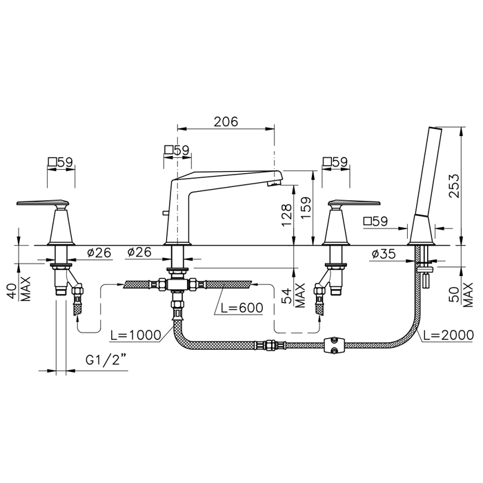 Nicolazzi Vincent Смеситель для ванны на 4 отверстия, с переключателем, изливом 206мм и ручным душем, цвет: хром