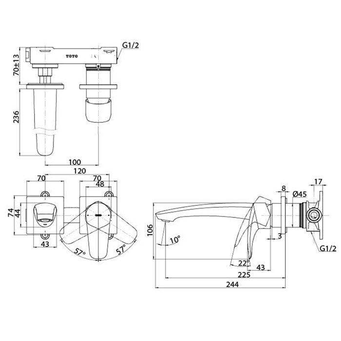 TOTO GM Смеситель для раковины встроенный , на 2 отв, цвет хром