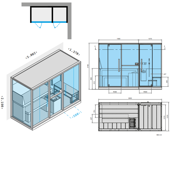 Effegibi Mid Сауна с хаммам и душем, угловая DX, 300x137xh220см, отделка: Soft Sand
