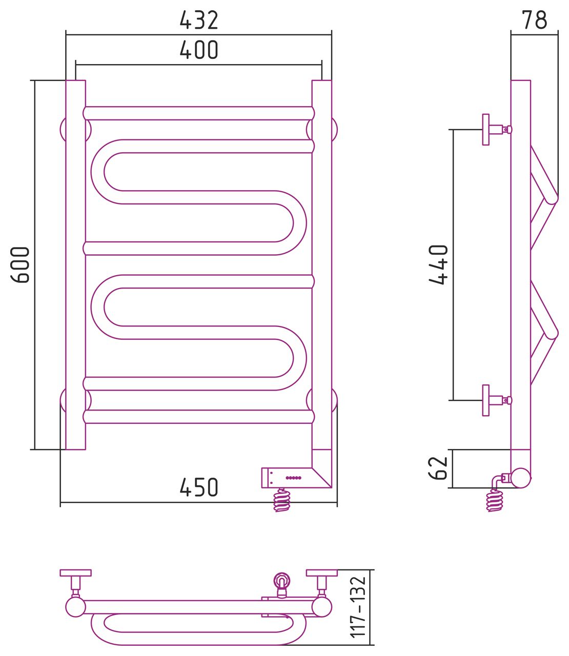 Полотенцесушитель электрический "ЭЛЕГИЯ 2.0" 600х400 / МЭМ правый (Без покрытия)