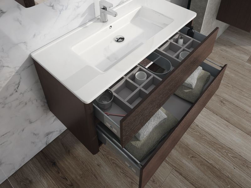 IBX Berta 100 см: тумба (1 ящик) и белая керамическая раковина, цвет мебели отелло, артикул Berta100/OTHELLO