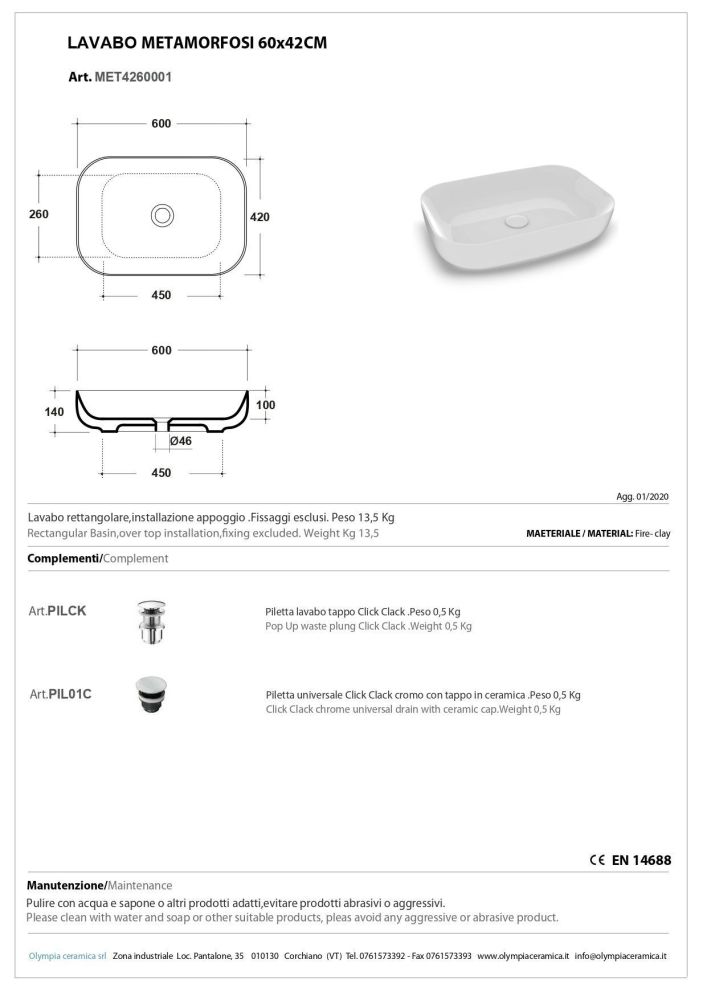 Olympia Metamorfosi, накладная прямоугольная раковина 60x42xh14 см, цс донным клапаном, вет белый глянцевый