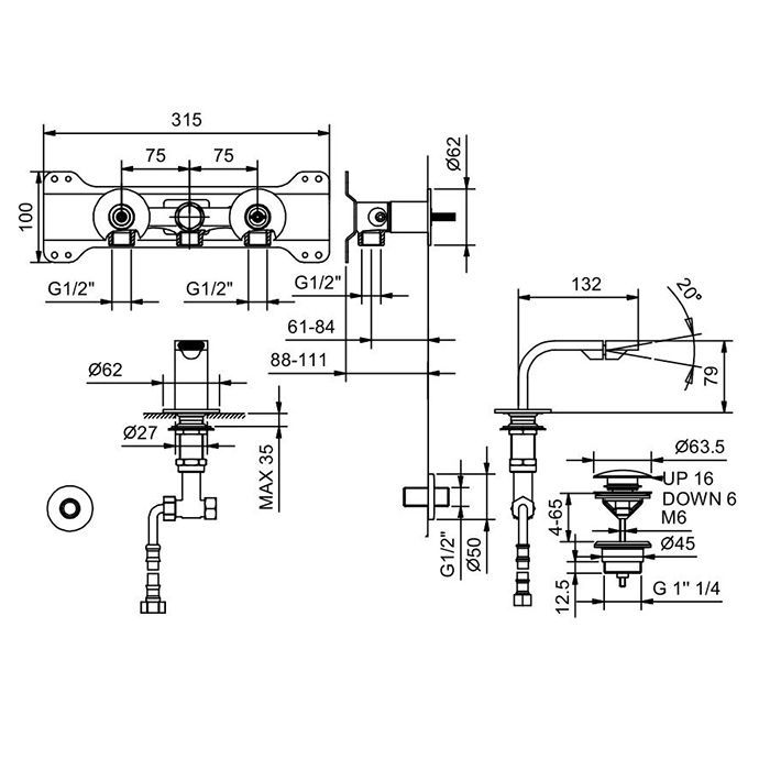 Fantini Venezia In Смеситель для биде, 1 отв., с донным клапаном, излив 132мм, цвет: Nickel PVD
