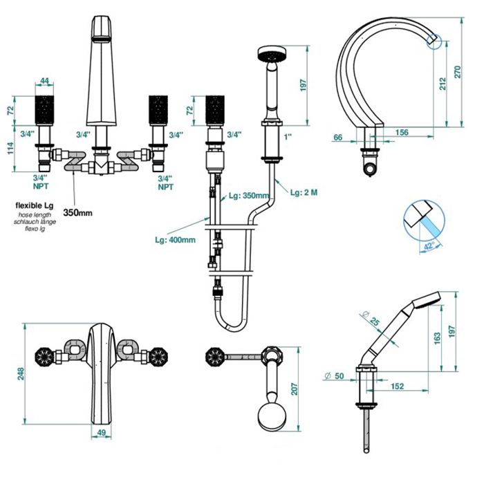 THG NIHAL PORCELAINE IVOIRE Смеситель на борт ванны, на 5 отверстий, двойной, с ручным душем, цвет Soft gold