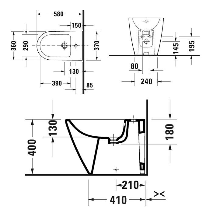 Duravit D-Neo Биде напольное 370x580х400 мм, с переливом, с 1 отв под смеситель,  с WonderGliss, цвет: белый