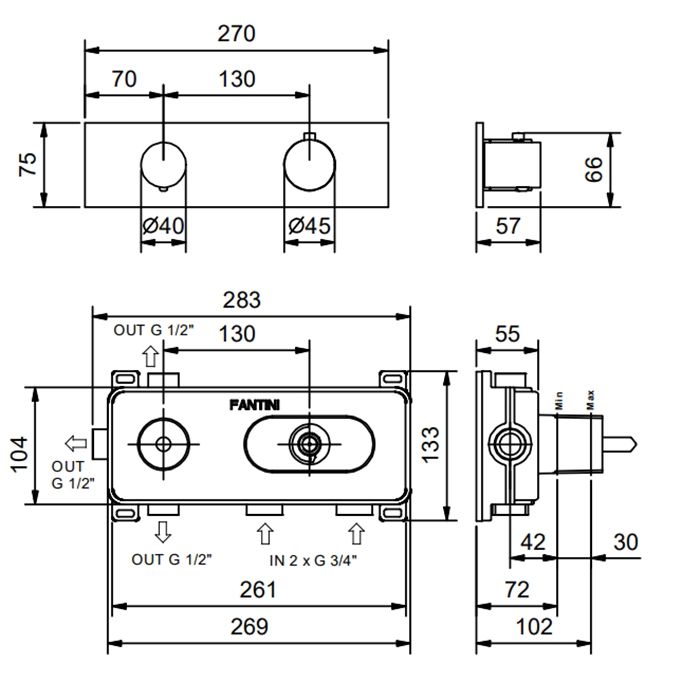 Смеситель для душа, Fantini, тип регулирования воды-термостатический картридж, монтаж-настенный встраиваемый, цвет-хром, переключатель с закрытием, на 3 потока с поворотной кнопкой