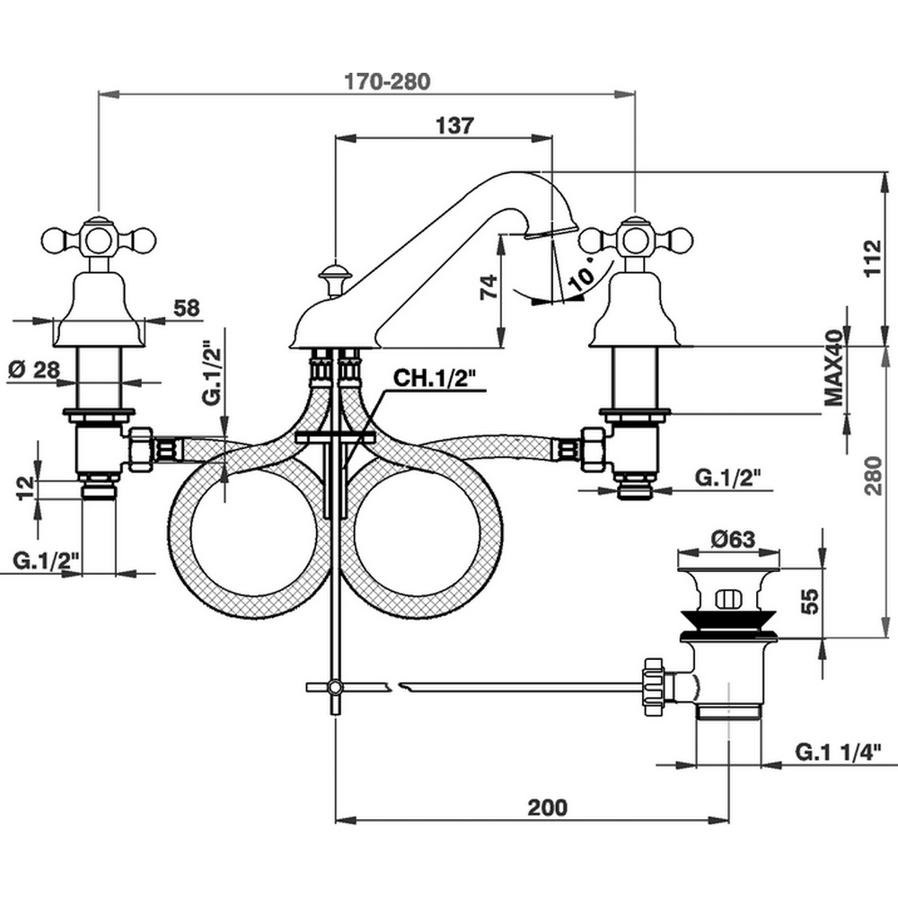 CISAL Arcana Ceramic Смеситель для раковины на 3 отверстия с донным клапаном, цвет хром