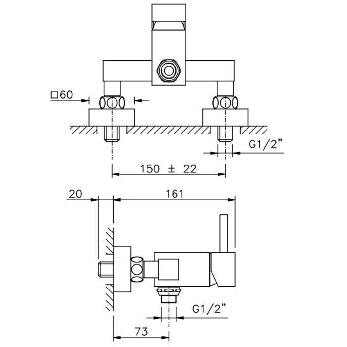 Nicolazzi Antelao Смеситель для душа на 2 отверстия, настенный, вывод снизу 1/2", цвет: хром, артикул 3805CR