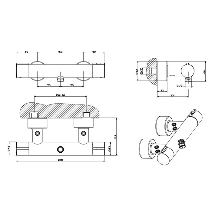 Gessi Emporio Via tortona Смеситель термостатический наружный для душа, цвет: Finox Brushed Nickel, артикул 18731#149