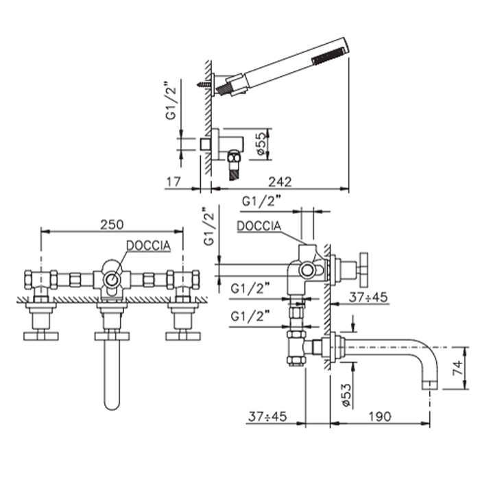 Nicolazzi M.Croce Встраиваемый Смеситель для ванны с 2мя ручками с переключателем ванна/душ, + комплект руч. душа, цвет: хром