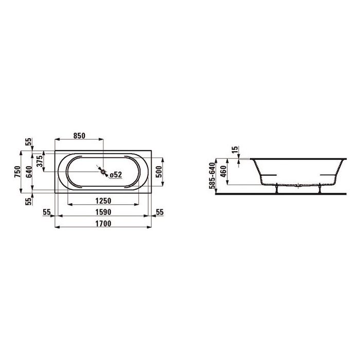 Ванна, Laufen, Pro, ширина, мм-1700, глубина, мм-750, высота, мм-460, водоизмещение (л)-250, тип установки-встраиваемый, форма-овальная, слив-перелив-необходимо заказать, материал-акрил, цвет-белый