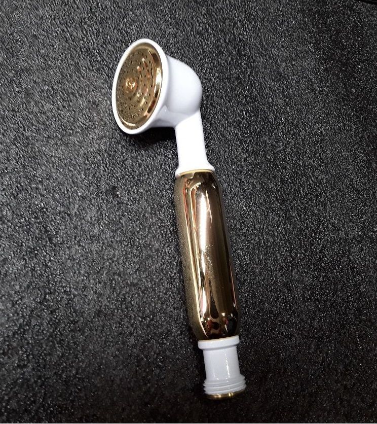 Emmevi, круглая однорежимная лейка ручного душа из латуни, с керамической ручкой (для набора 110), цвет белый/золото, артикул C02403/BO