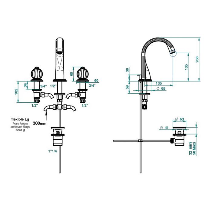 THG MANDARINE CRISTAL SATIN Смеситель для раковины на 3 отверстия, с донным клапаном, цвет полированное золото