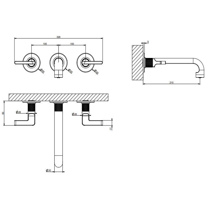 GESSI INCISO Встраиваемый смеситель для раковины на 3 отверстия с изливом 210-190мм (внешние части), цвет: золото