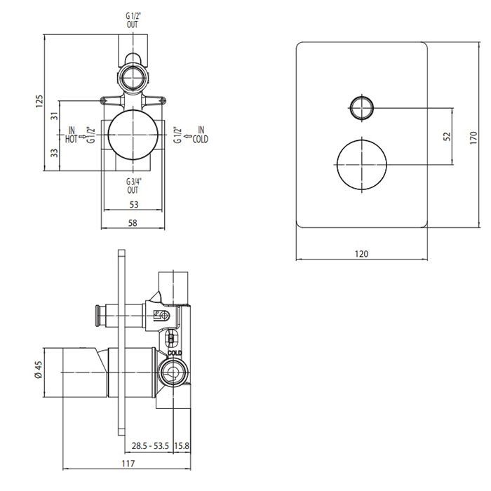 Bossini Встр. часть смесителя с девиатором 2 направления' 1/2”, цвет: латунь Bossini Встр. часть смесителя с девиатором 2 направления' 1/2”, цвет: латунь