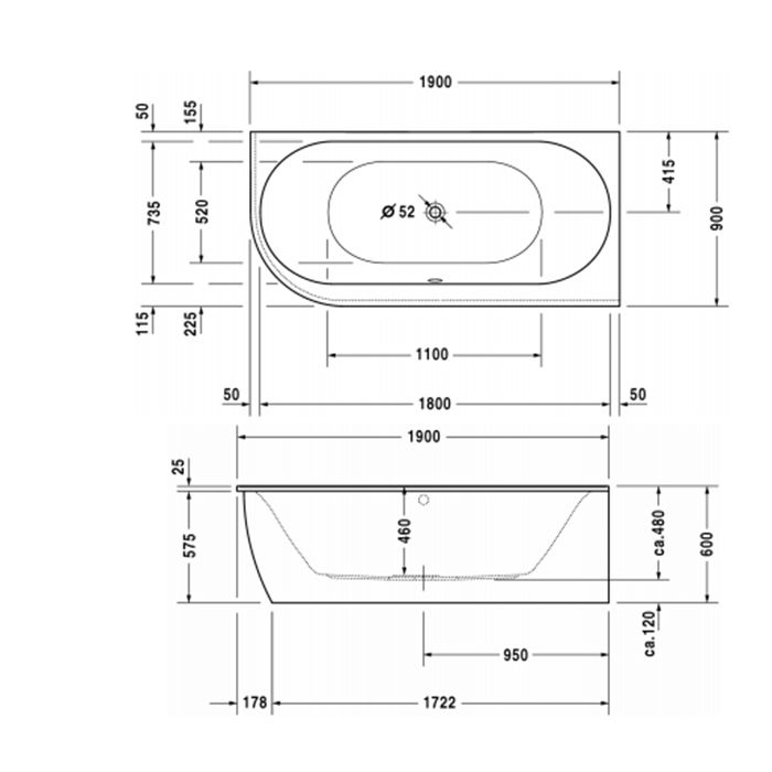 Duravit Darling New  Ванна 1900х900 мм, акриловая, угол справа, с панельюи ножками,с 2 наклонами для спины, цвет белый